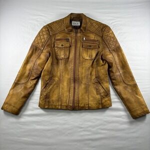 BKE Faux Leather Moto Jacket Womens Large Brown Quilted Distressed Biker Coat